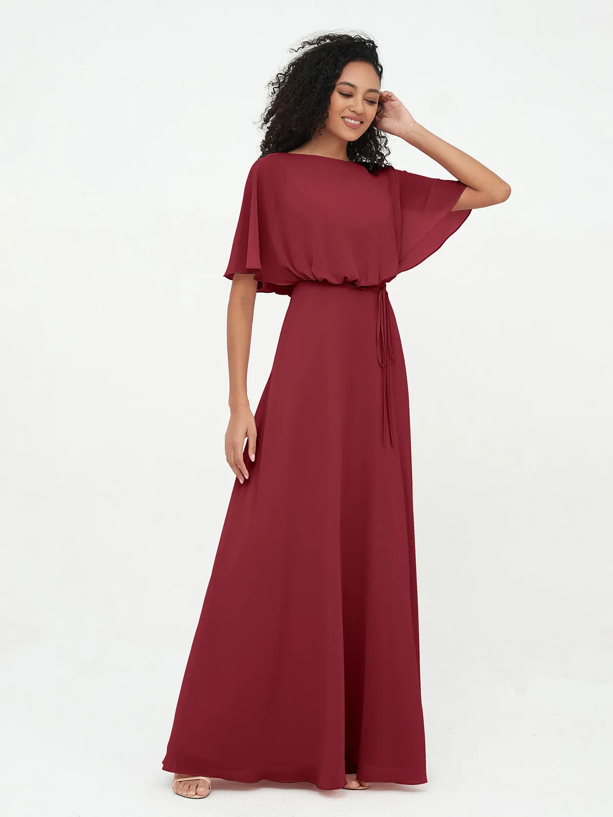 Chiffon Full Length Bridesmaid Dresses with Wrap Burgundy