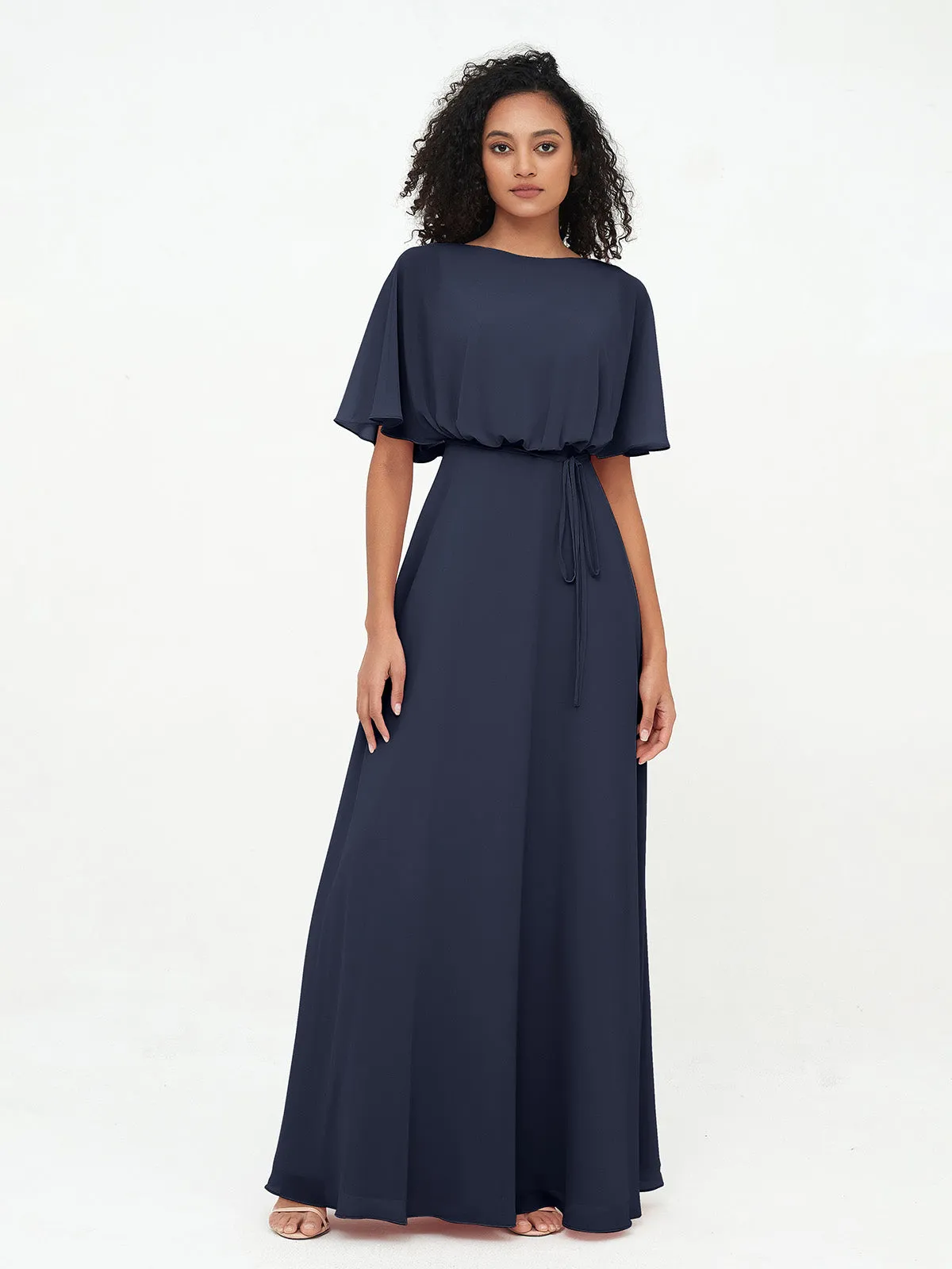 Chiffon Full Length Bridesmaid Dresses with Wrap Dark Navy