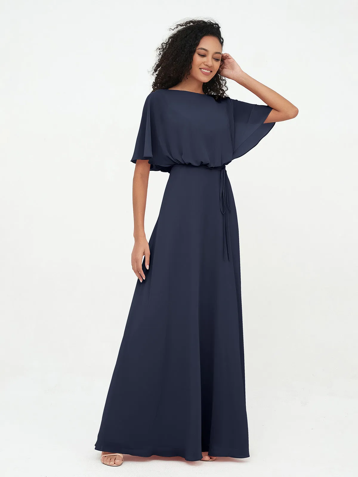 Chiffon Full Length Bridesmaid Dresses with Wrap Dark Navy