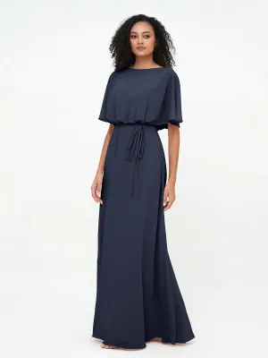 Chiffon Full Length Bridesmaid Dresses with Wrap Dark Navy