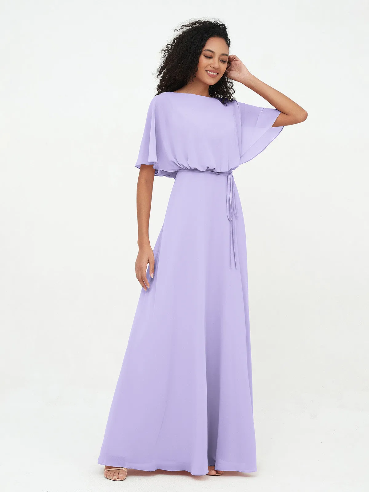 Chiffon Full Length Bridesmaid Dresses with Wrap Lilac