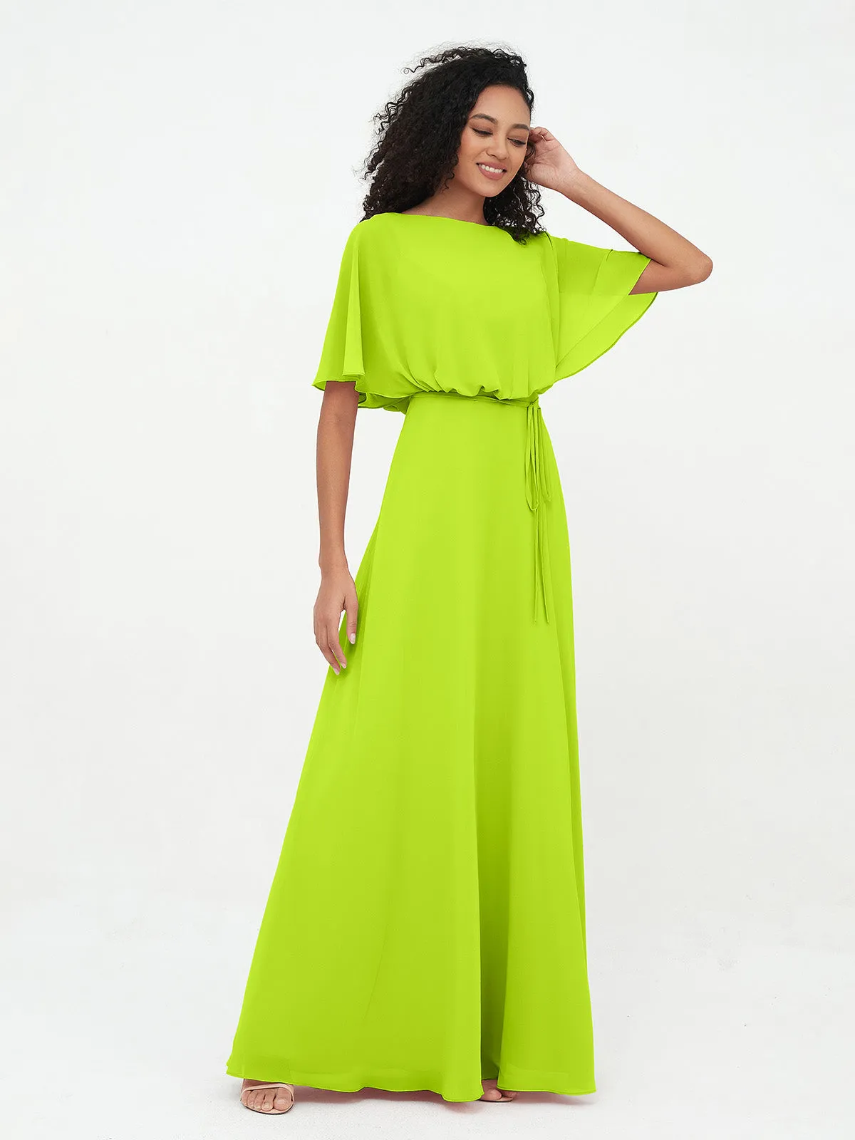 Chiffon Full Length Bridesmaid Dresses with Wrap Lime Green