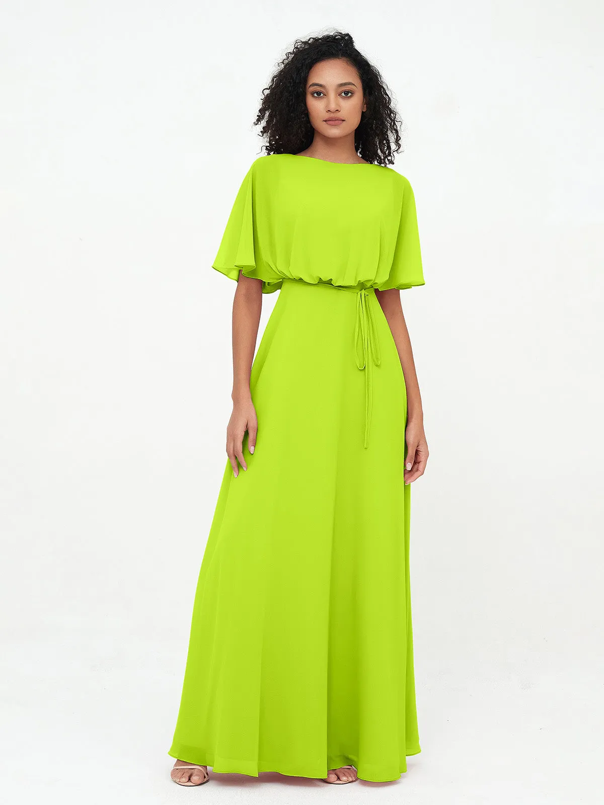 Chiffon Full Length Bridesmaid Dresses with Wrap Lime Green