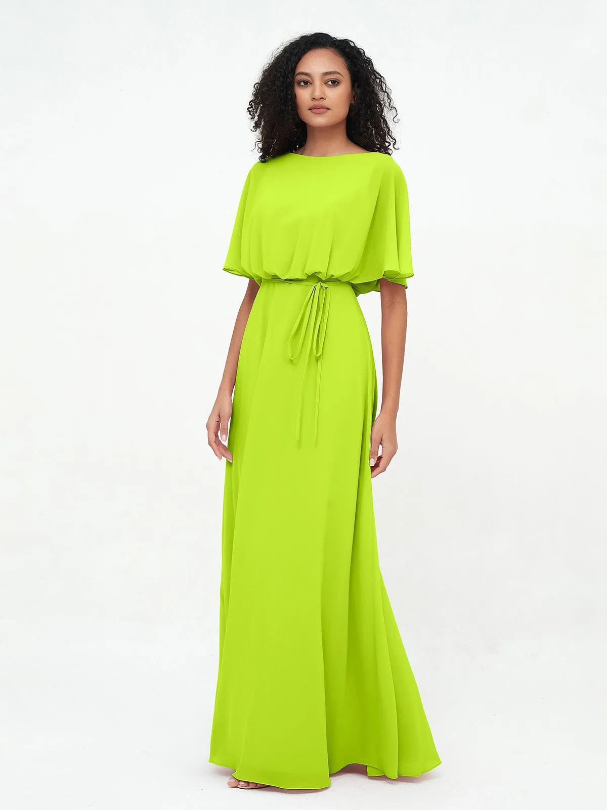 Chiffon Full Length Bridesmaid Dresses with Wrap Lime Green