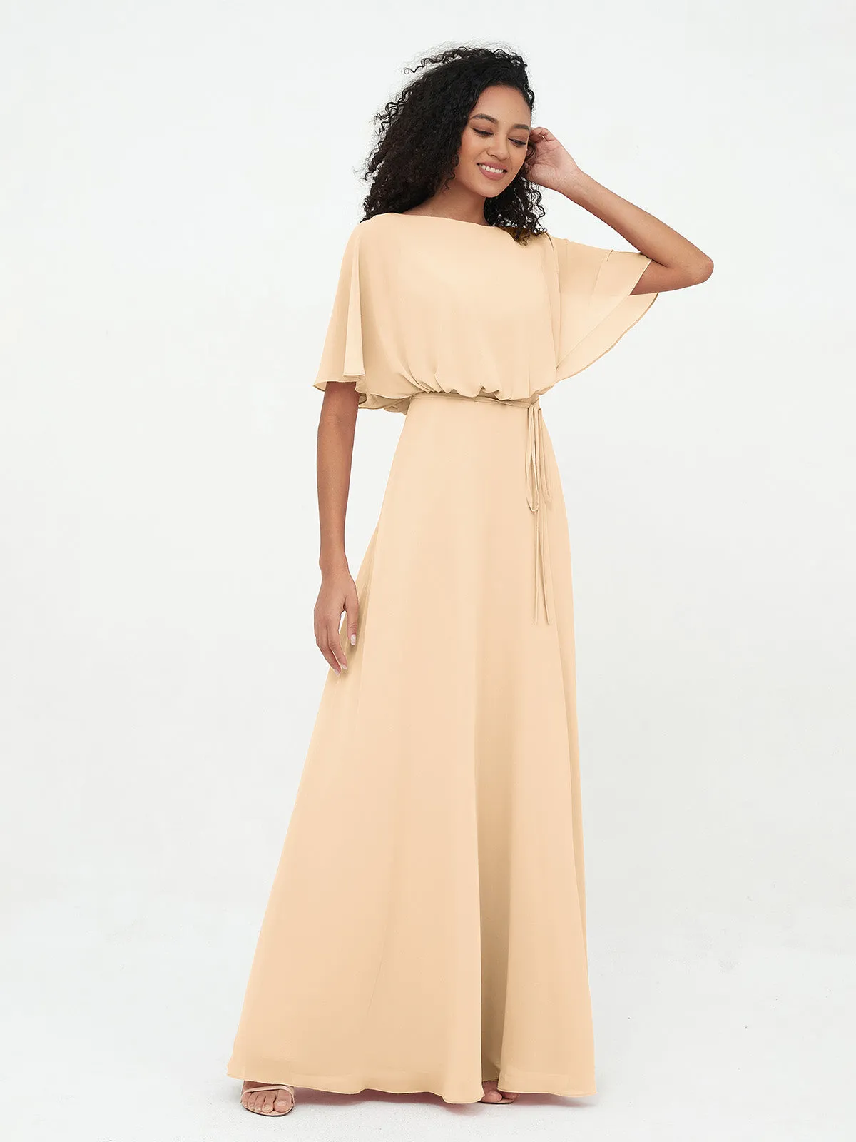 Chiffon Full Length Bridesmaid Dresses with Wrap Peach