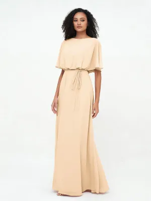 Chiffon Full Length Bridesmaid Dresses with Wrap Peach