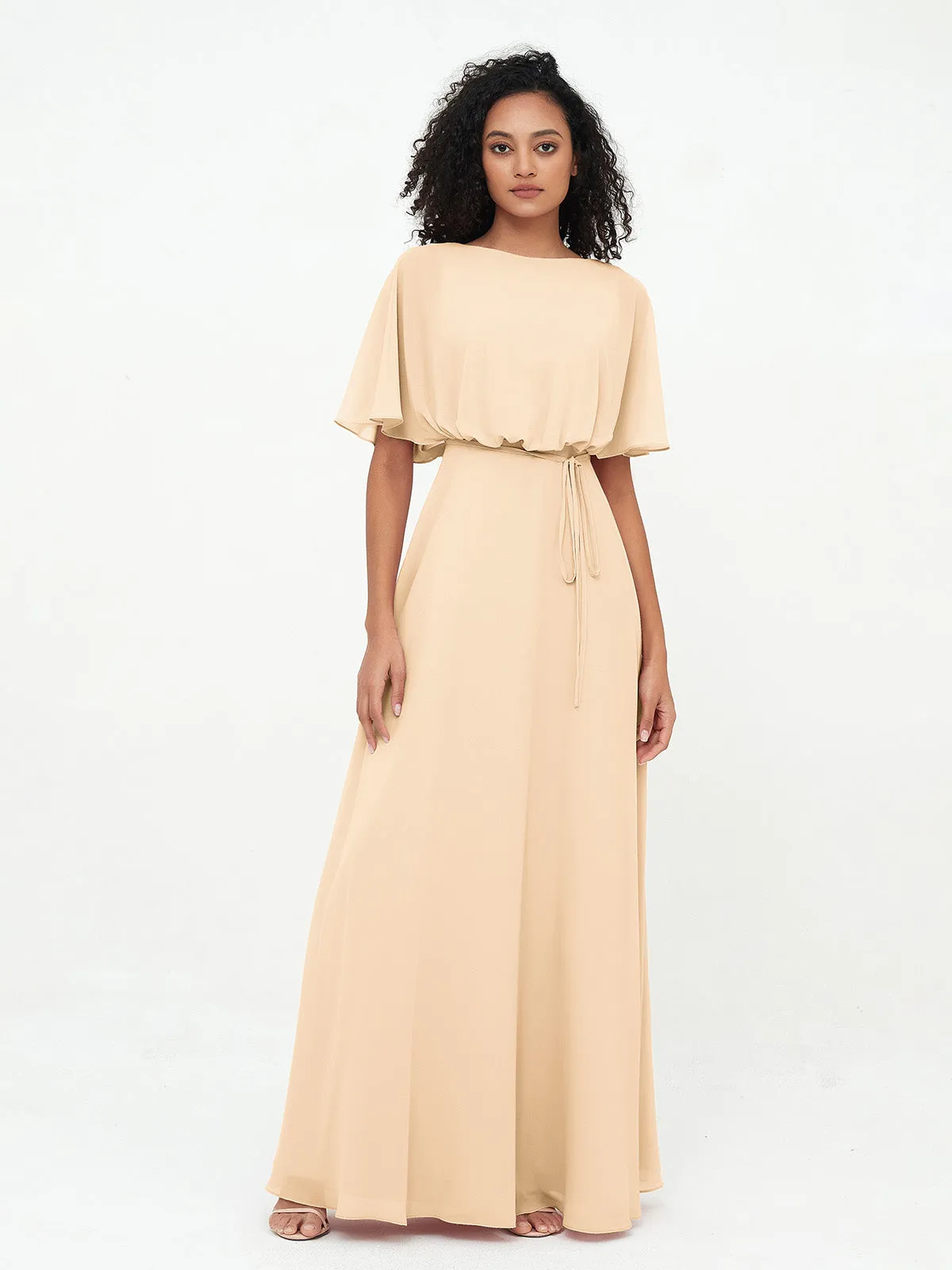 Chiffon Full Length Bridesmaid Dresses with Wrap Peach