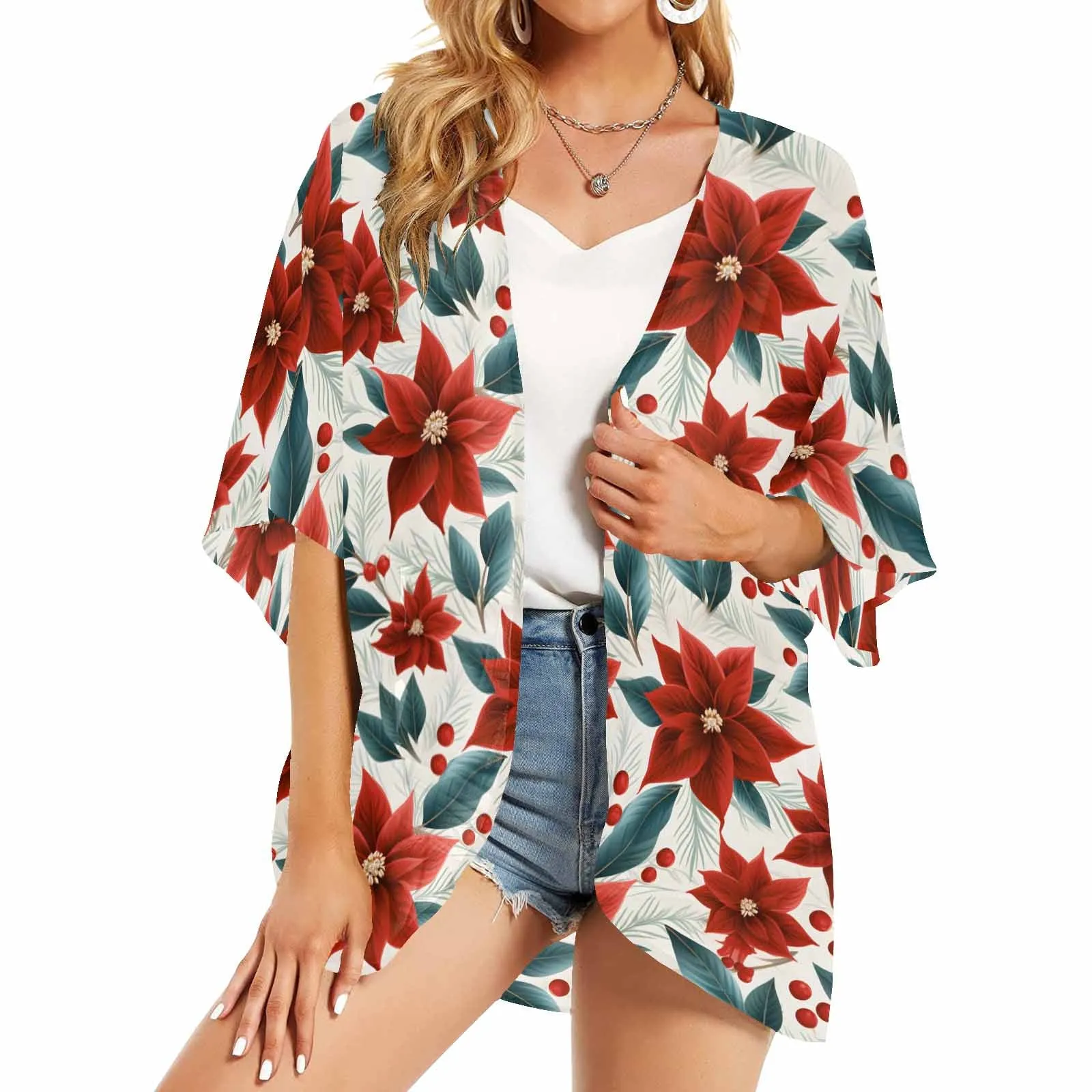 Christmas Red Poinsettia  Women's Kimono Chiffon Cover Up