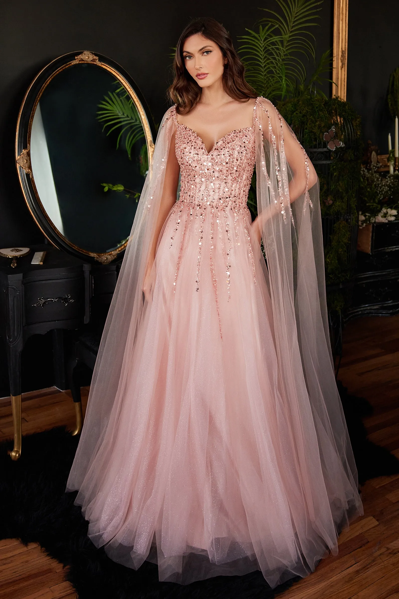 CINDERELLA DIVINE CD0204 Beaded Off-Shoulder Gown with CApe Sleeve