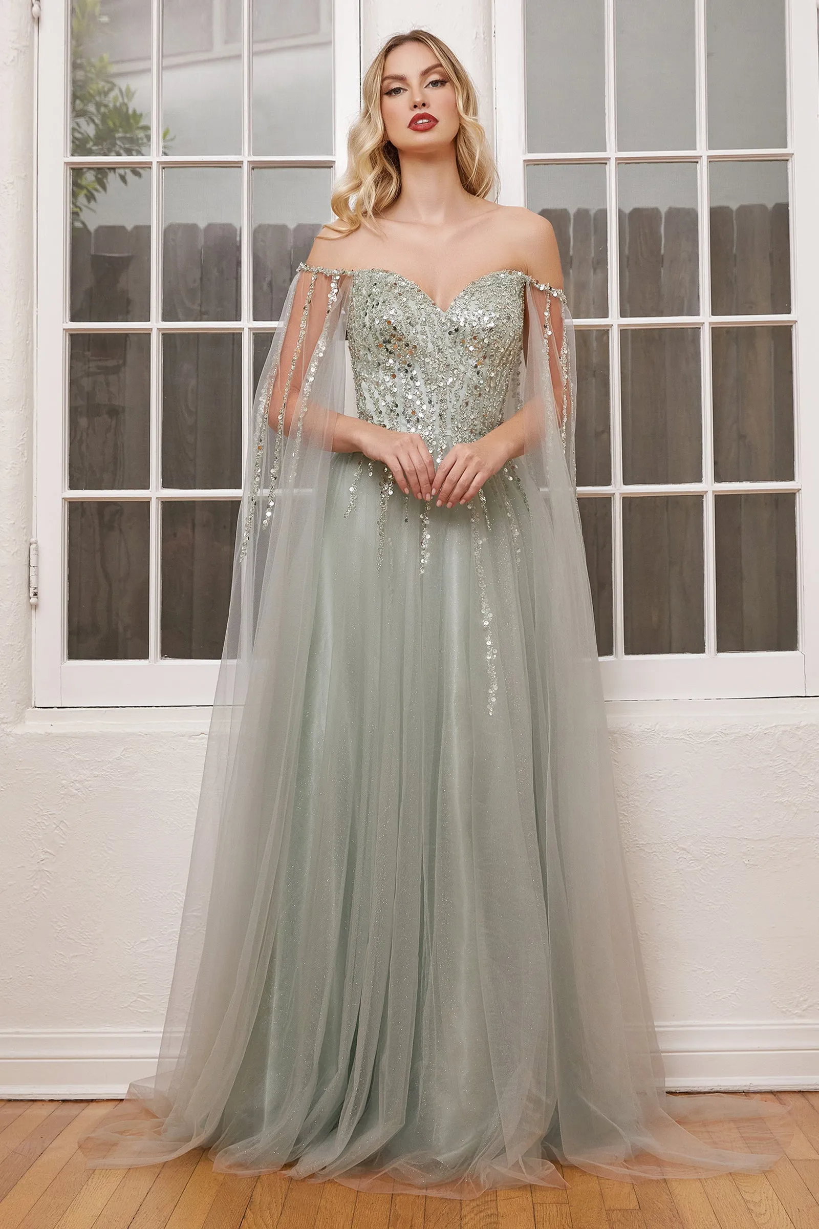 CINDERELLA DIVINE CD0204 Beaded Off-Shoulder Gown with CApe Sleeve