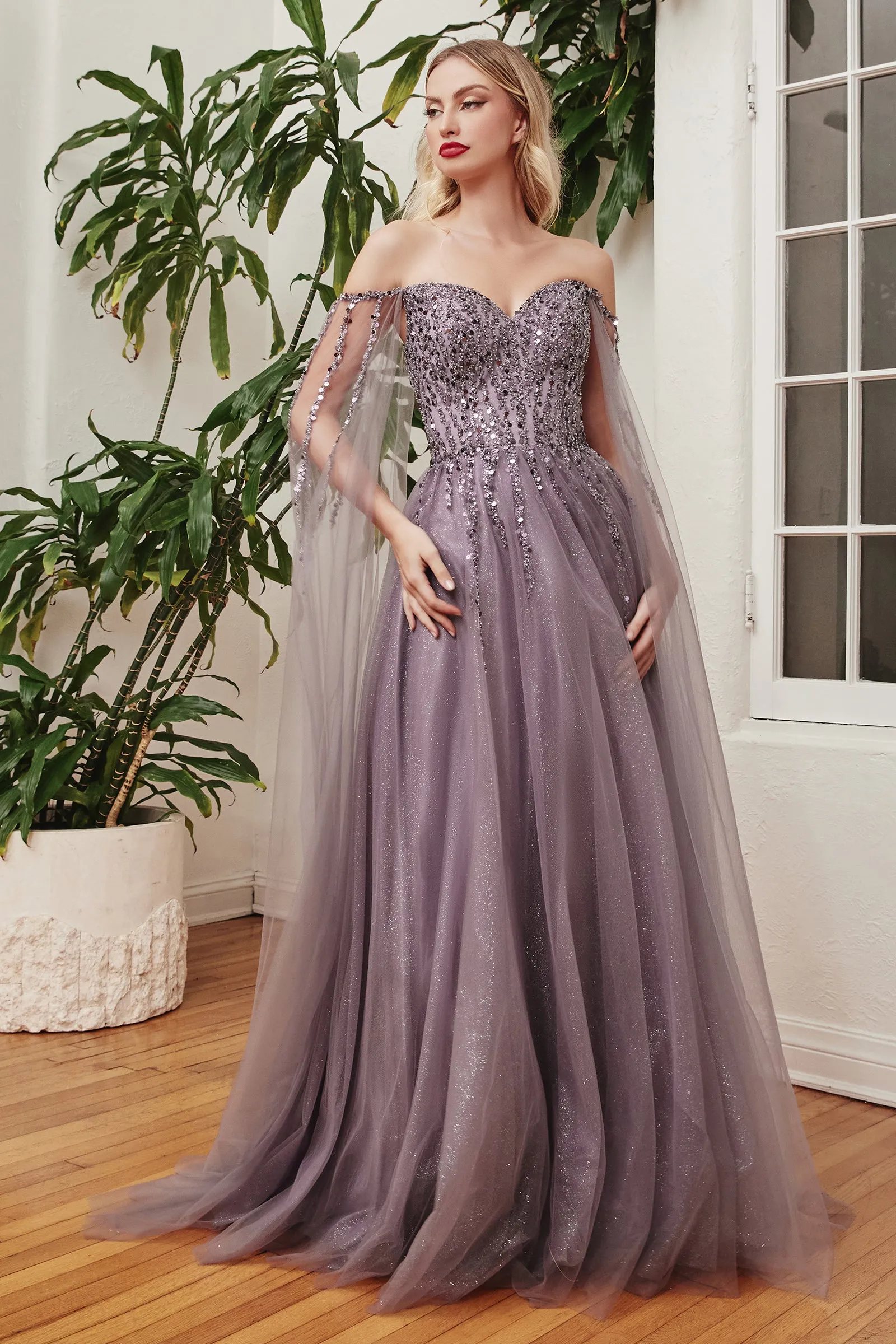 CINDERELLA DIVINE CD0204 Beaded Off-Shoulder Gown with CApe Sleeve