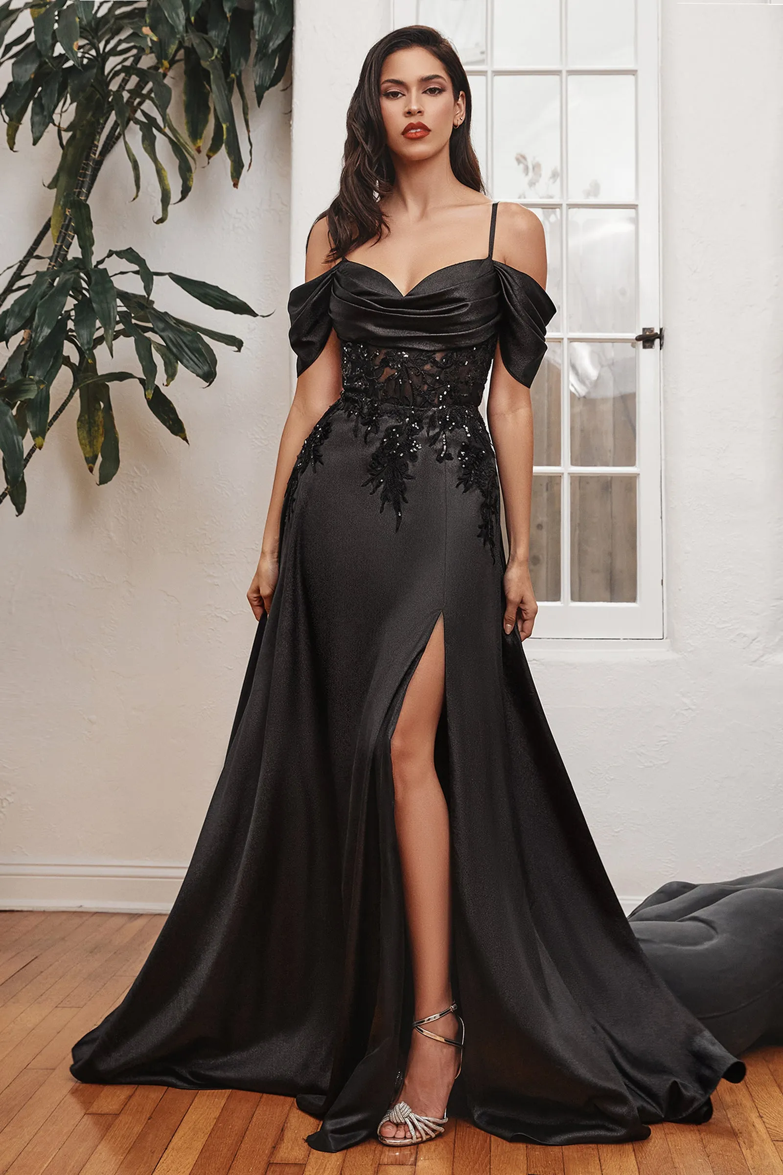 CINDERELLA DIVINE OC012 A-Line Off-Shoulder Satin Gown with Slit