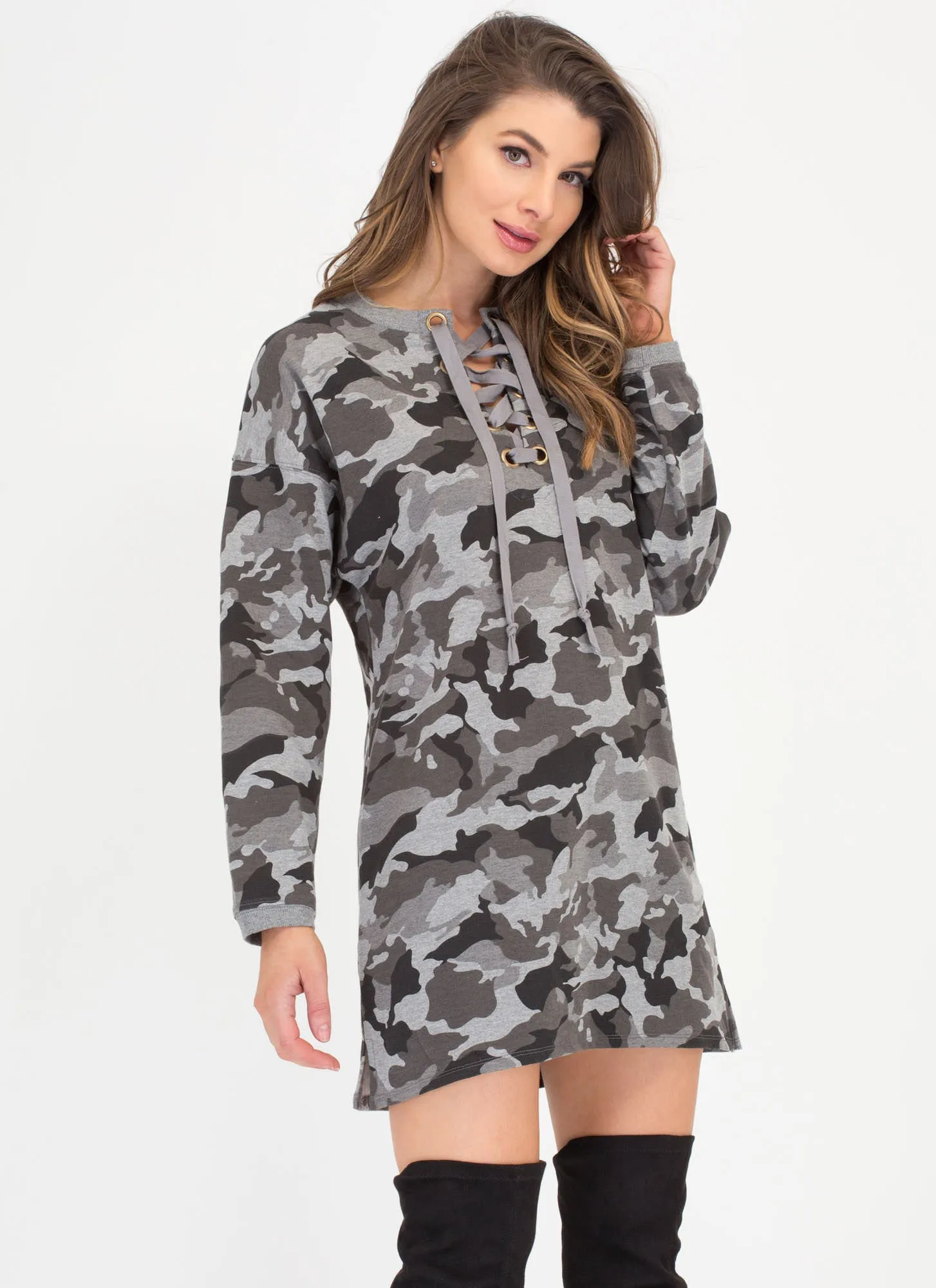 Cool In Camo Lace-Up Sweatshirt Dress