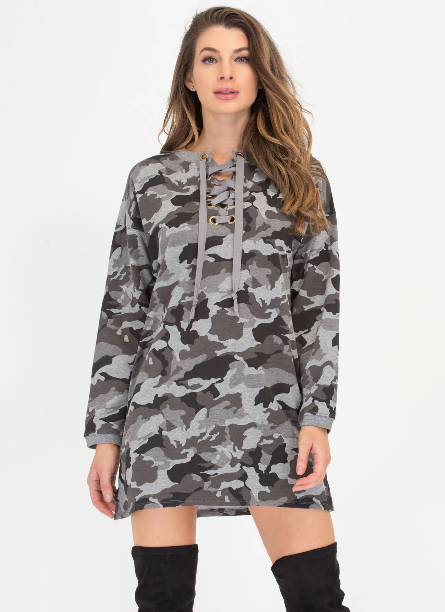 Cool In Camo Lace-Up Sweatshirt Dress