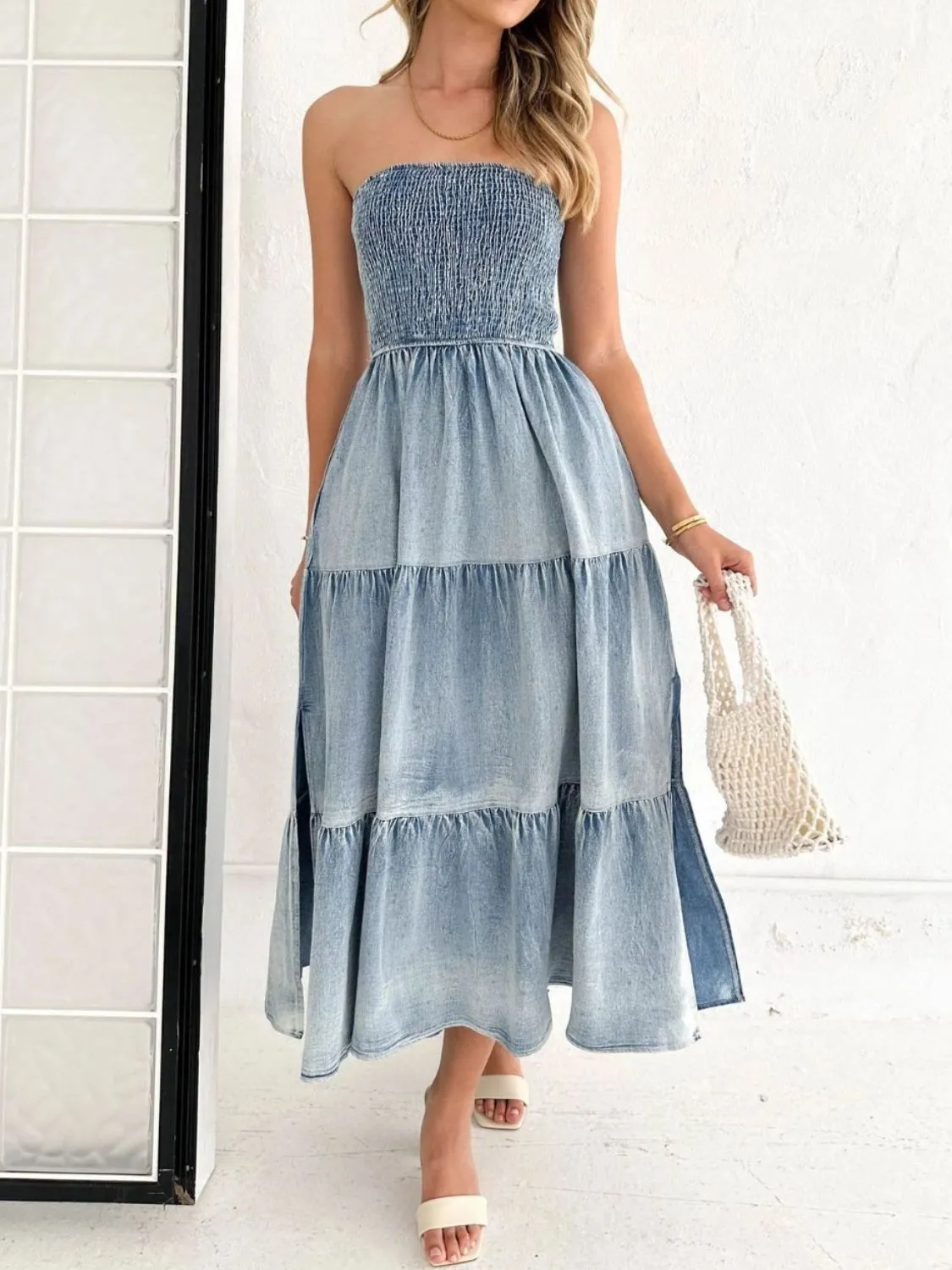 Denim Dress with ruffles and pockets Side Slit Smocked Tube Tiered Long Jean Dress