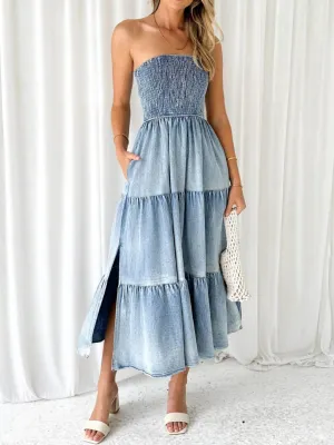 Denim Dress with ruffles and pockets Side Slit Smocked Tube Tiered Long Jean Dress