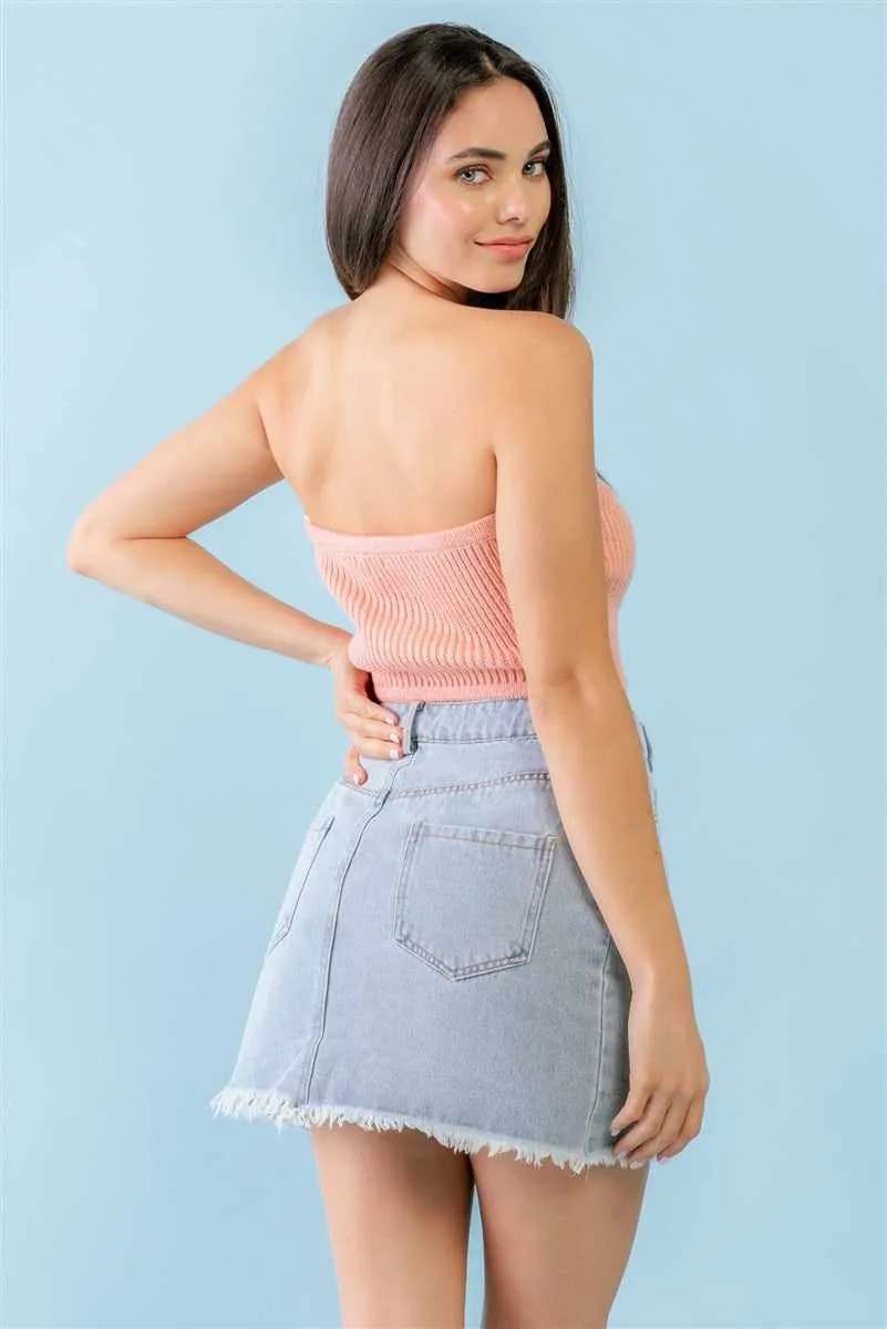 Dusty Peach Knit Strapless Crop Top