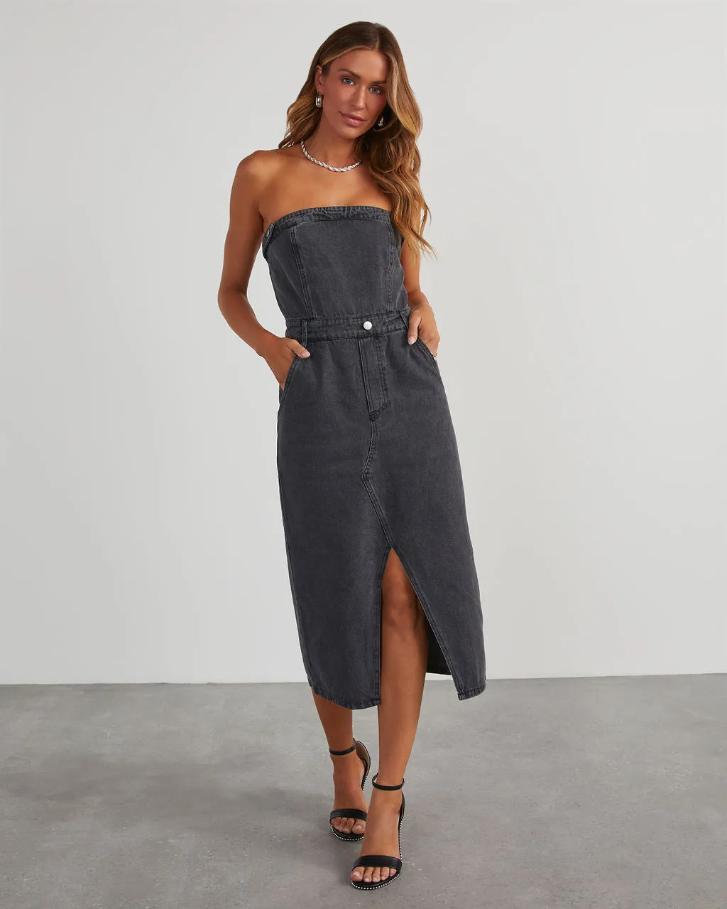 Edgy Era Denim Strapless Midi Dress