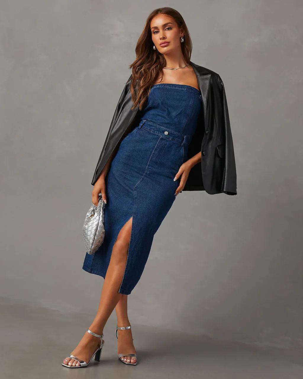 Edgy Era Denim Strapless Midi Dress