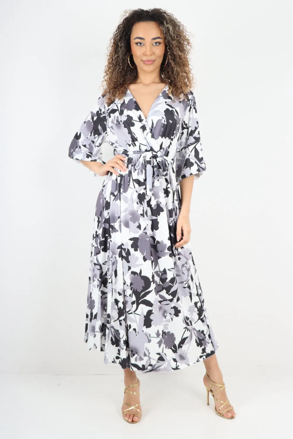 Elasticated Waist Tie Leaf Floral Printed Wrap Over Maxi Dress