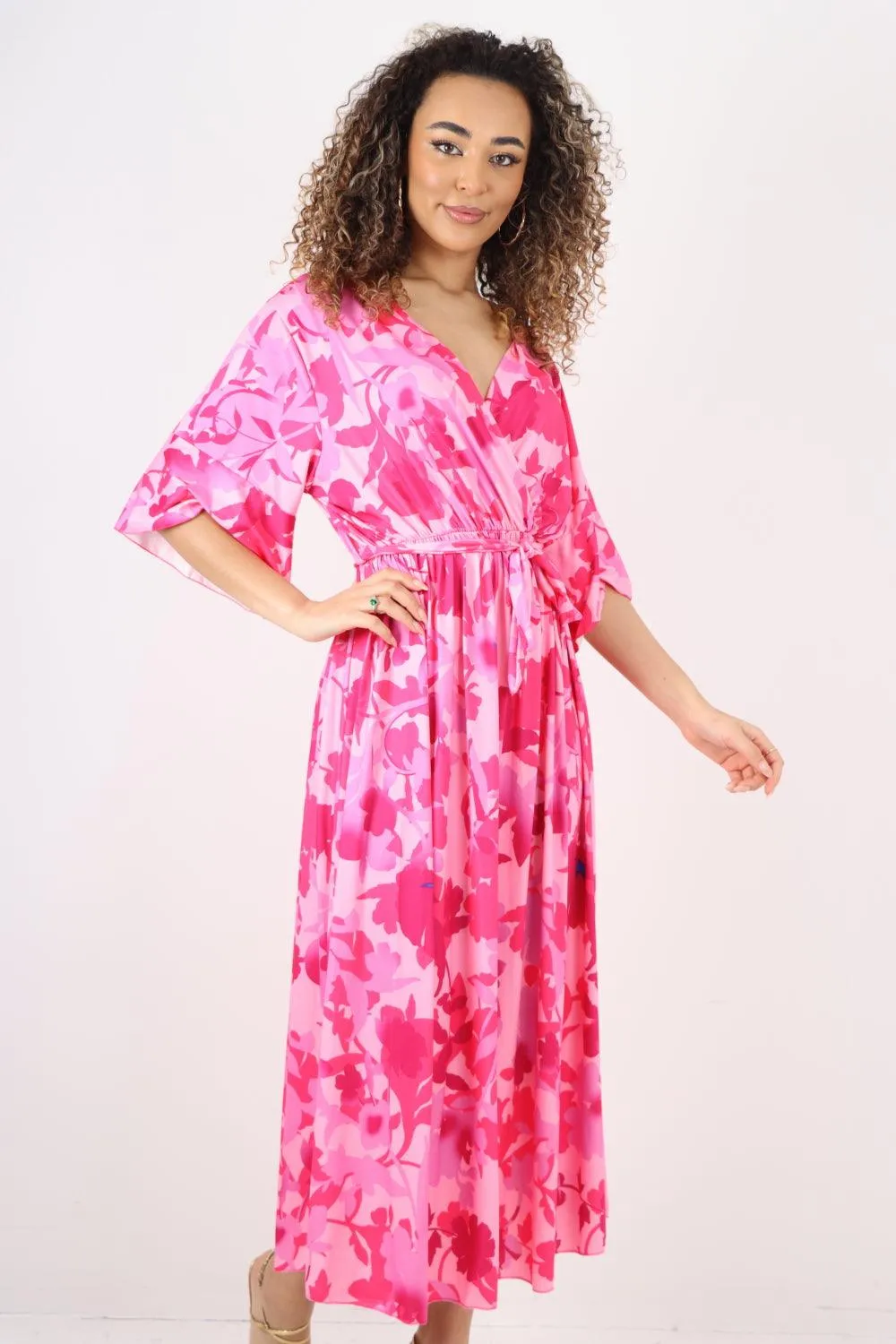 Elasticated Waist Tie Leaf Floral Printed Wrap Over Maxi Dress