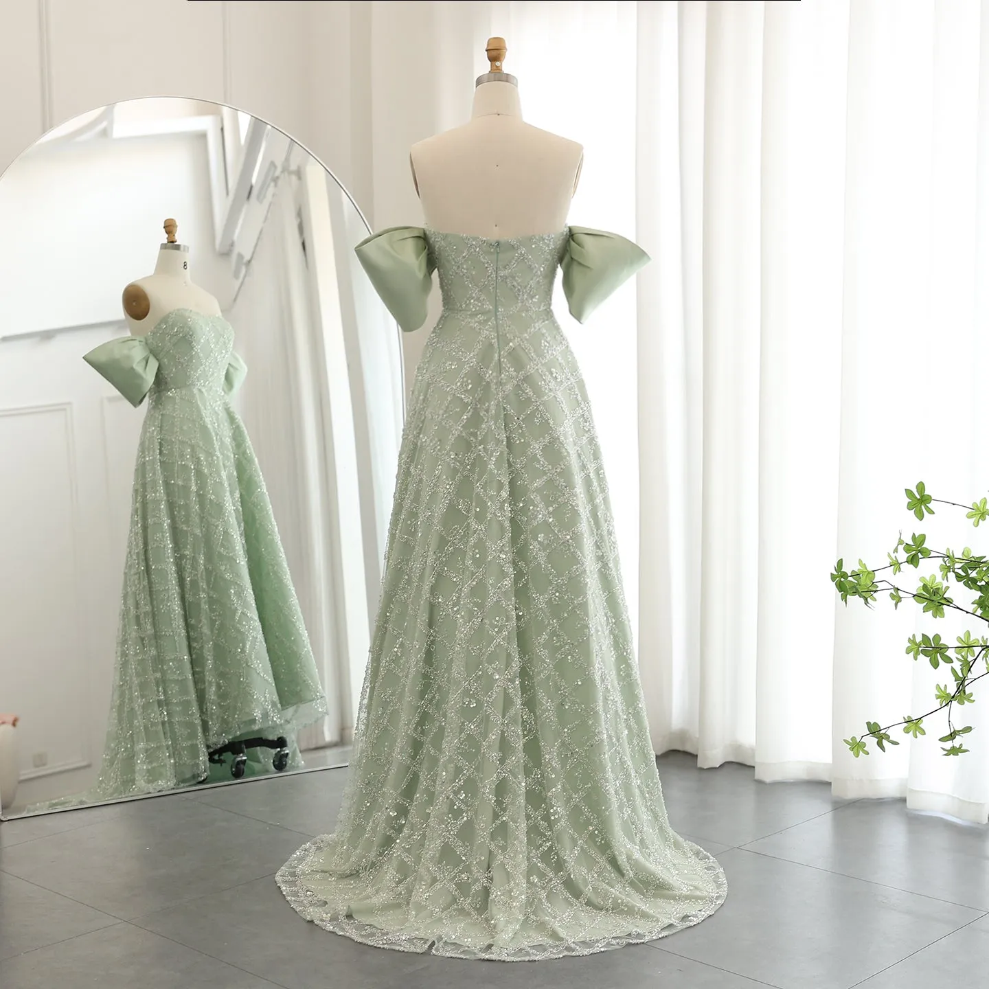 Elegant A-line Sage Green Off Shoulder Evening Dress SS427