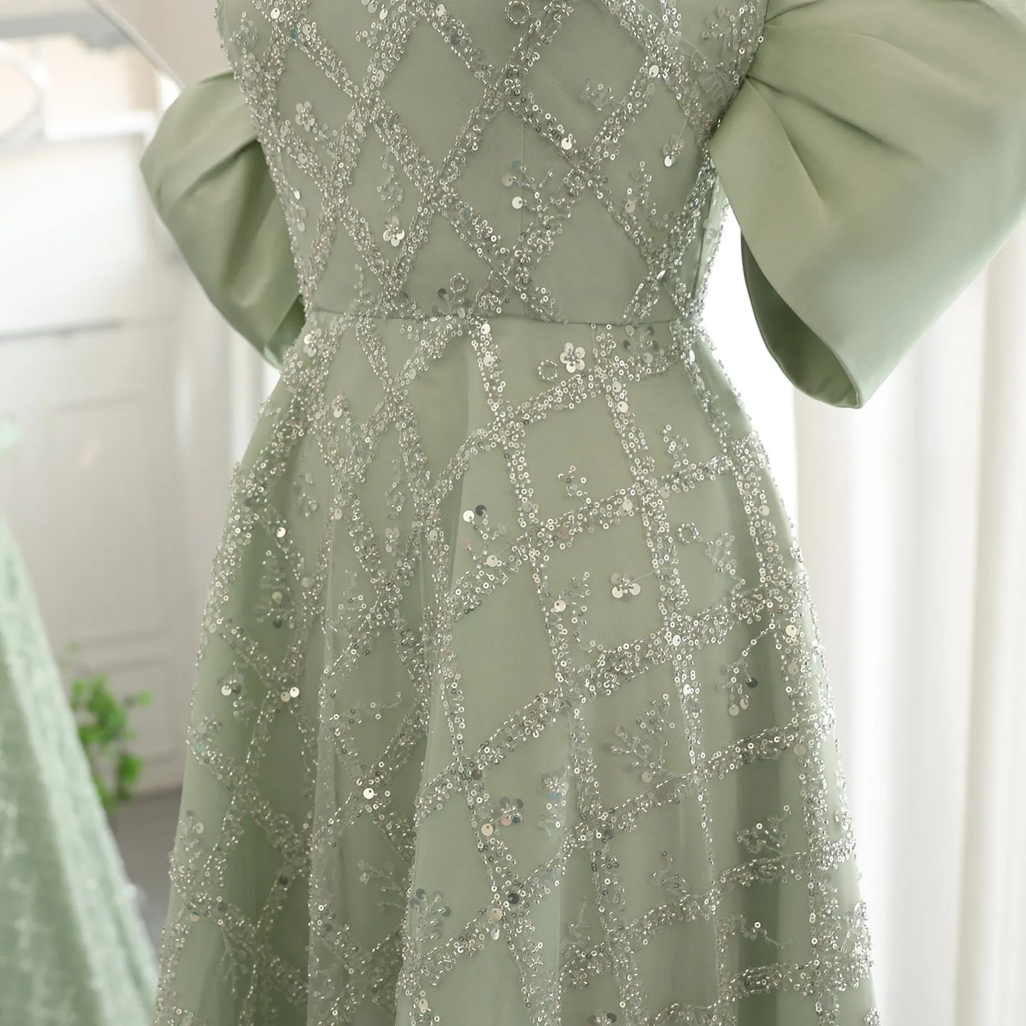 Elegant A-line Sage Green Off Shoulder Evening Dress SS427