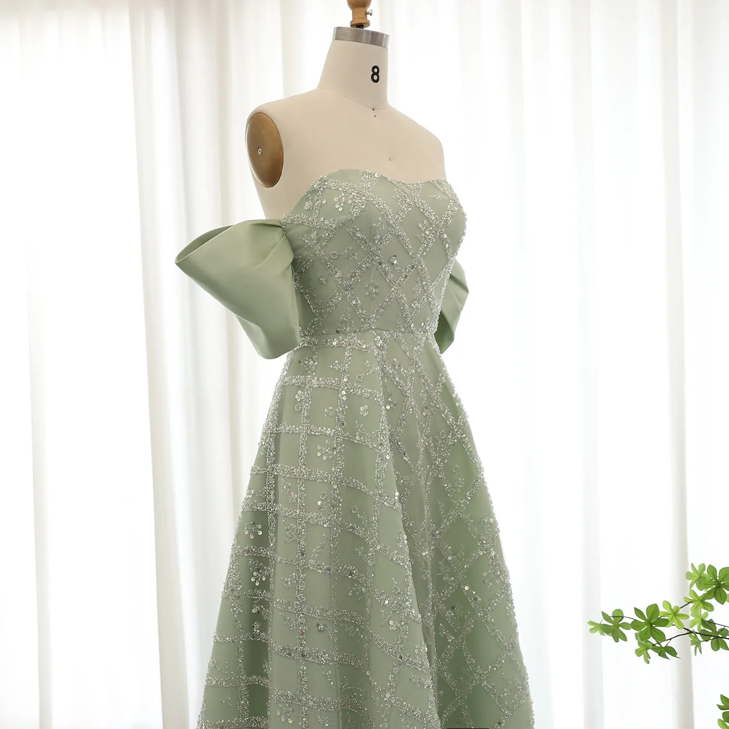 Elegant A-line Sage Green Off Shoulder Evening Dress SS427