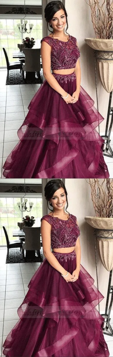 Elegant Beaded Tulle Two Piece Prom Dress, Floor Length Long Prom Dresses