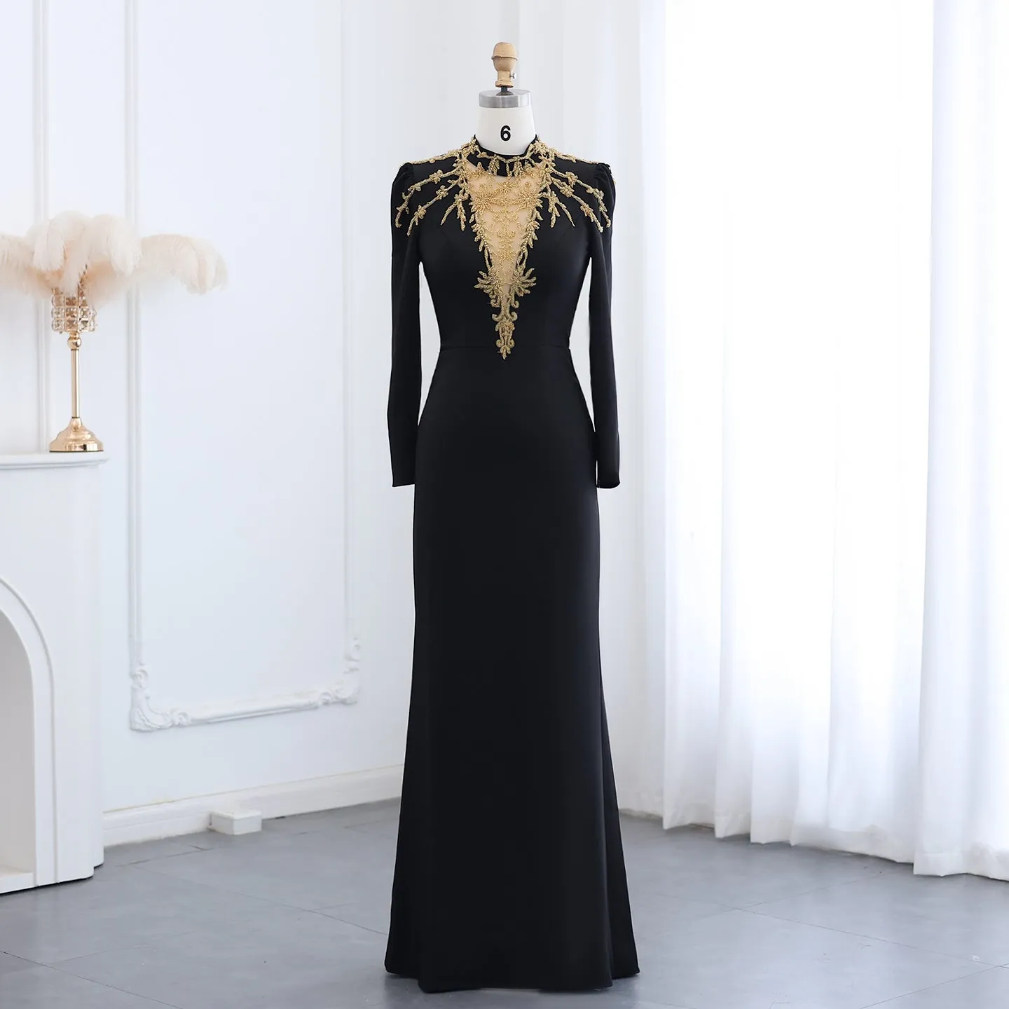 Elegant Black Long Sleeves Evening Dress with Gold Beaded SS217