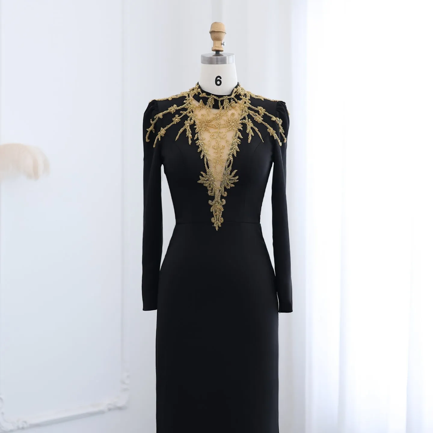 Elegant Black Long Sleeves Evening Dress with Gold Beaded SS217