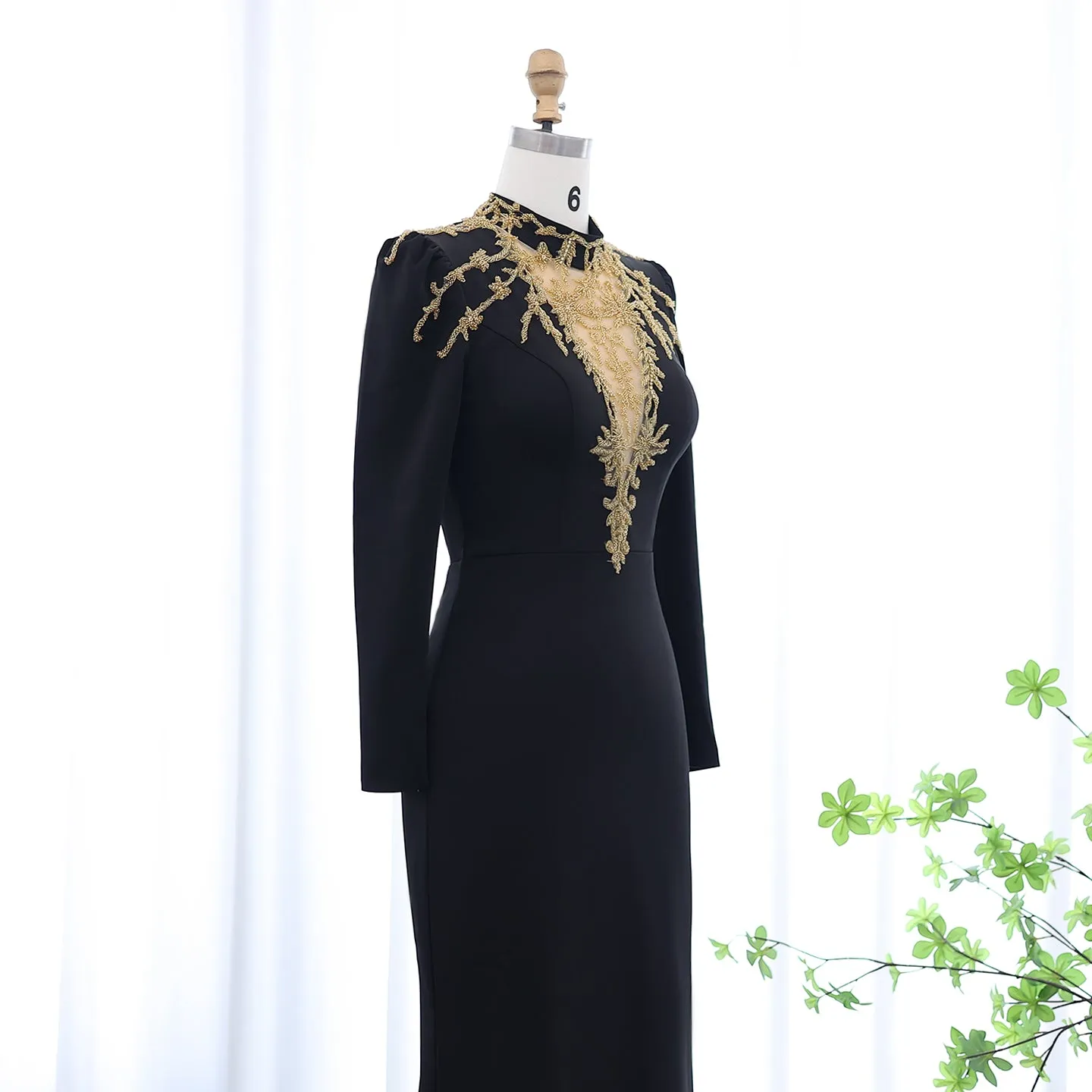 Elegant Black Long Sleeves Evening Dress with Gold Beaded SS217