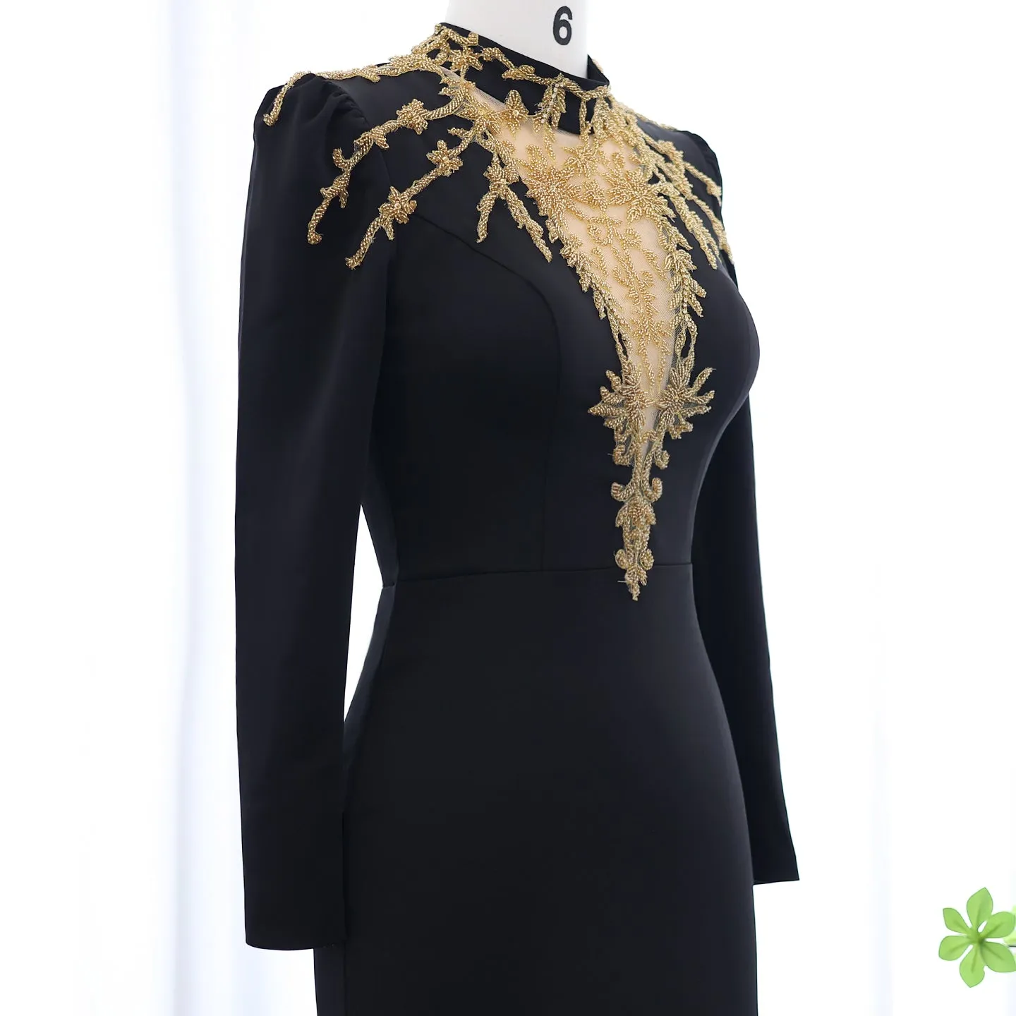 Elegant Black Long Sleeves Evening Dress with Gold Beaded SS217