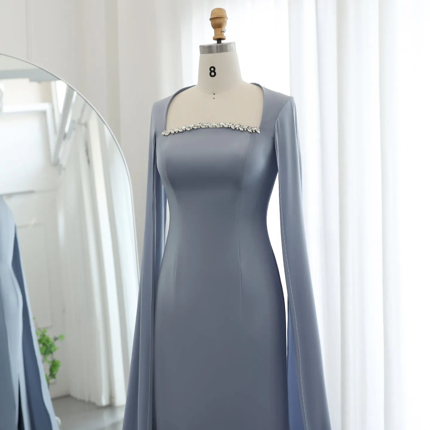 Elegant Blue Mermaid Evening Dress with Cape Sleeves SS486