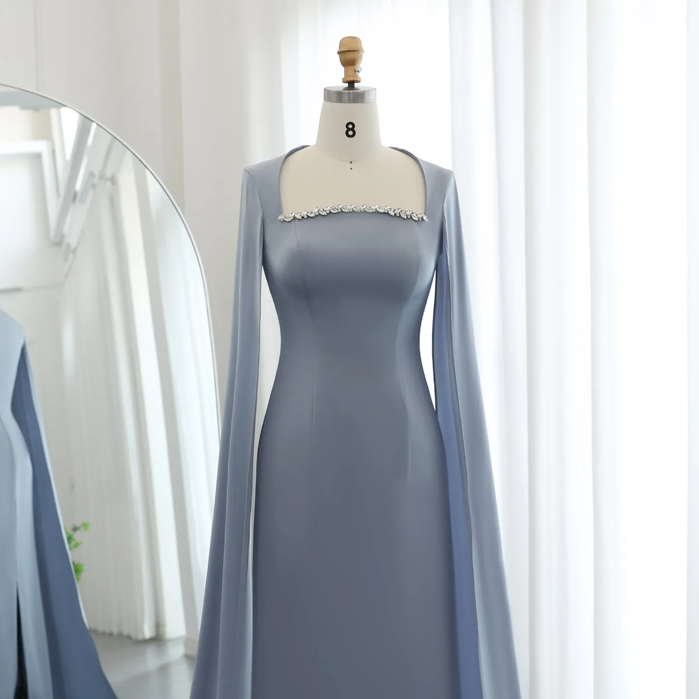 Elegant Blue Mermaid Evening Dress with Cape Sleeves SS486