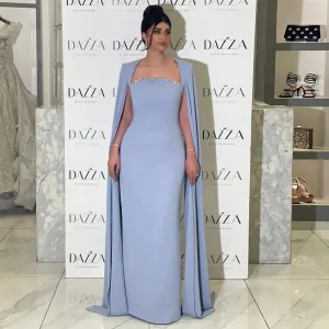 Elegant Blue Mermaid Evening Dress with Cape Sleeves SS486