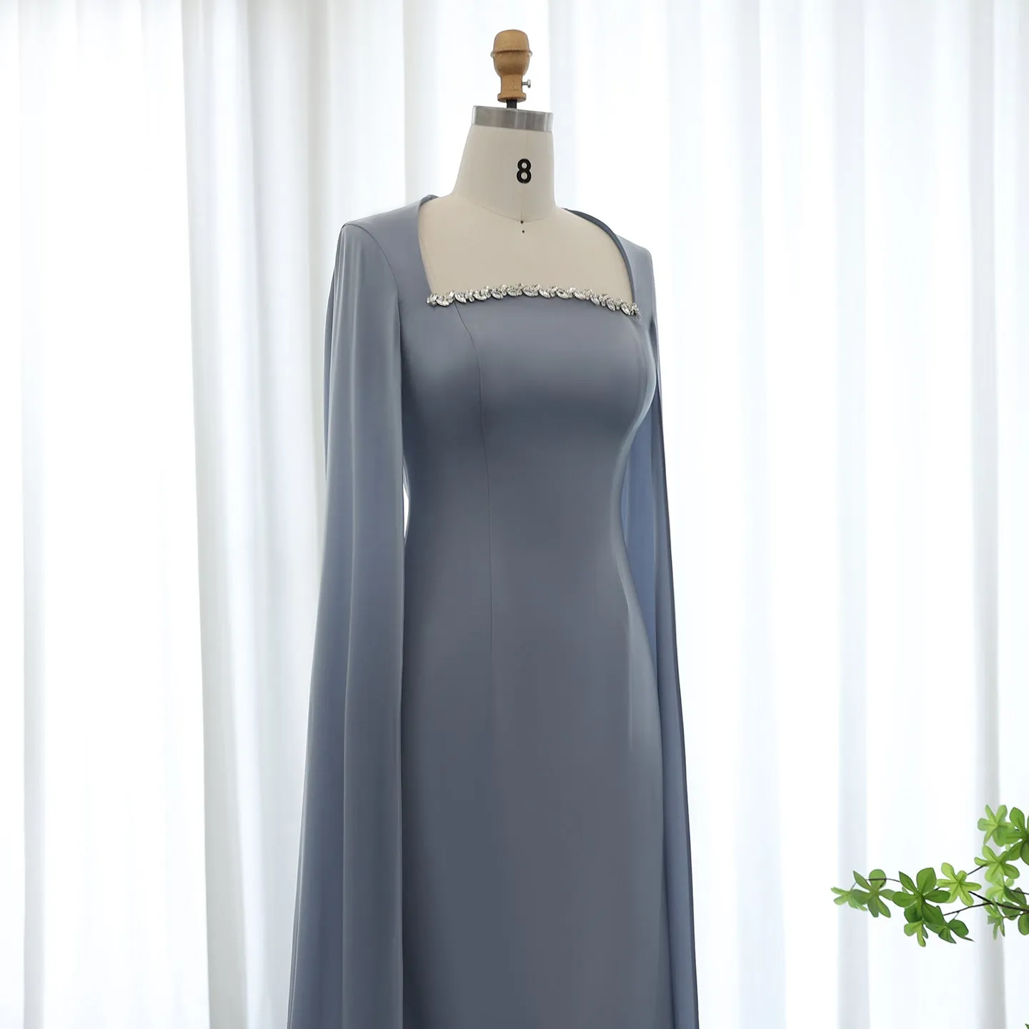 Elegant Blue Mermaid Evening Dress with Cape Sleeves SS486