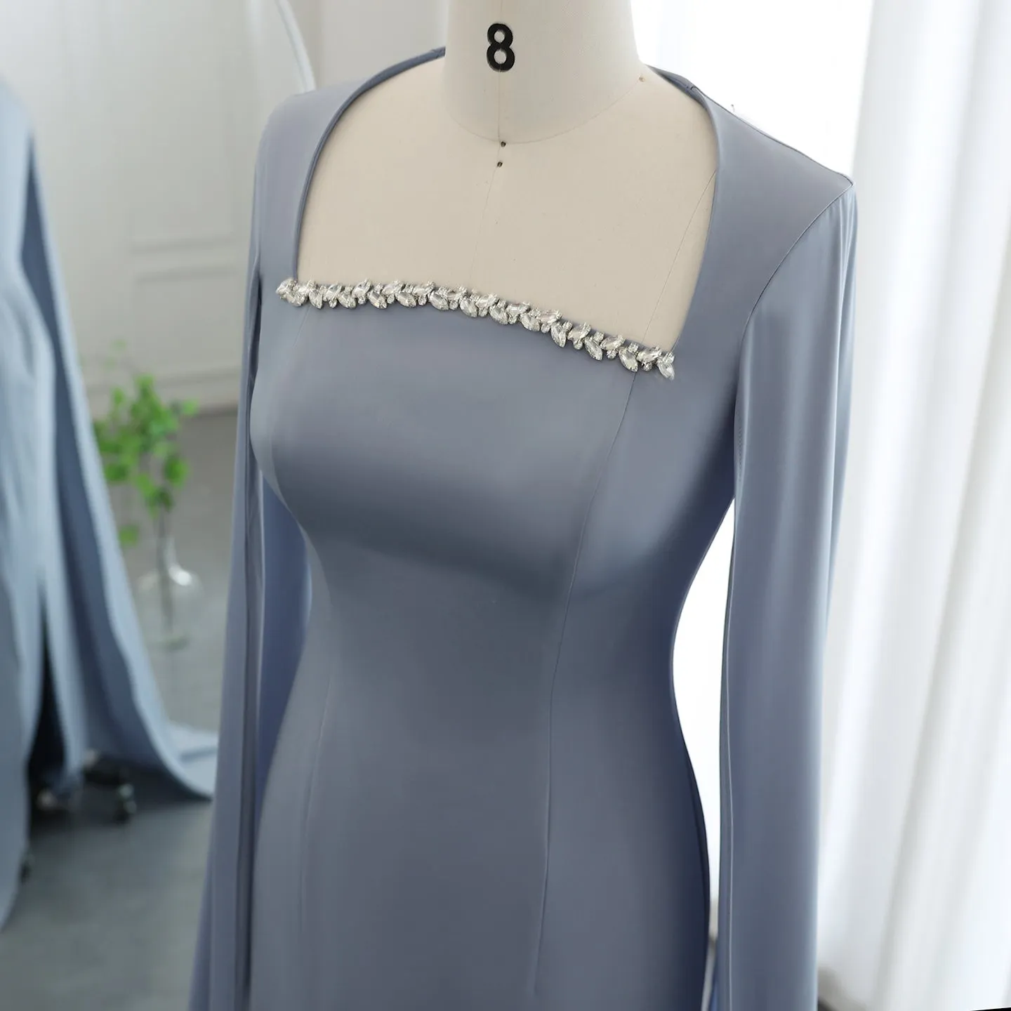 Elegant Blue Mermaid Evening Dress with Cape Sleeves SS486