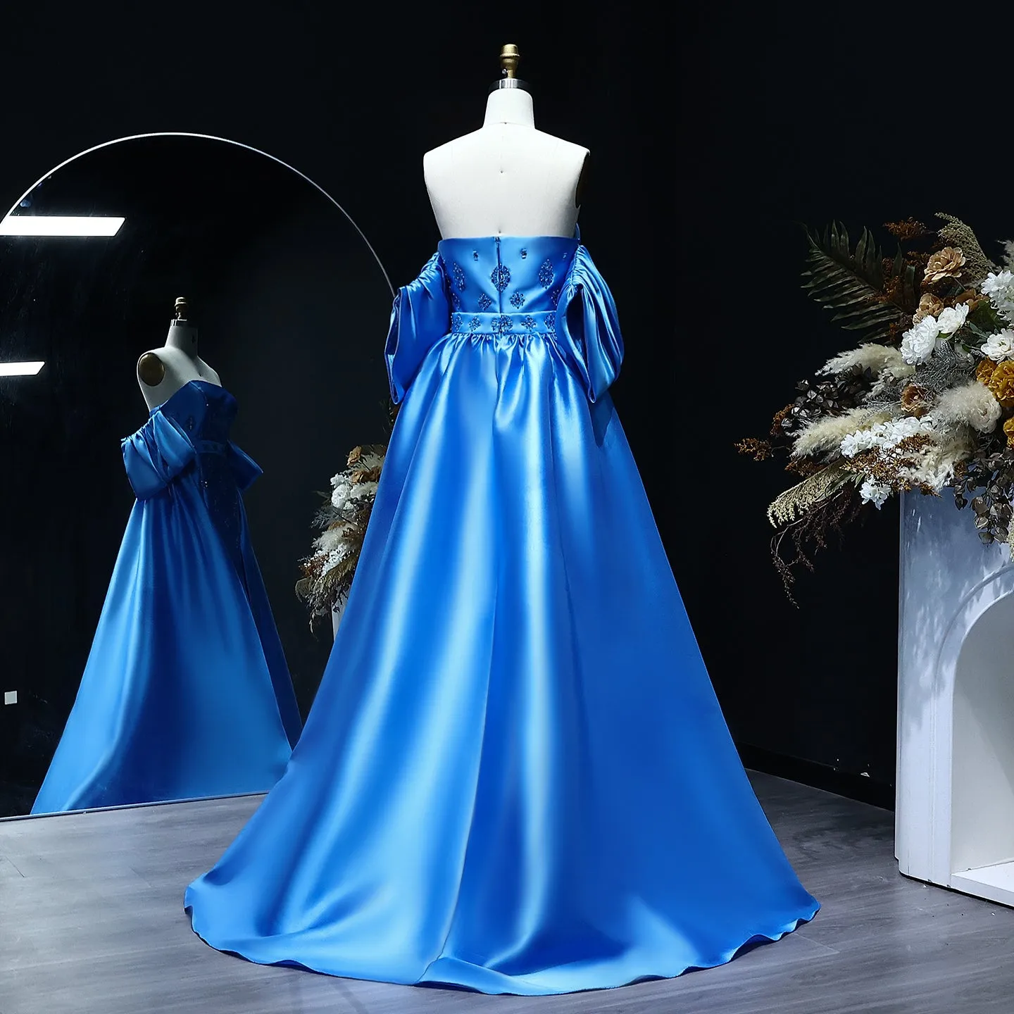 Elegant Blue Strapless Evening Dress with Detachable Overskirt SS255