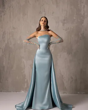 Elegant Blue Strapless Evening Dress with Overskirt SF052