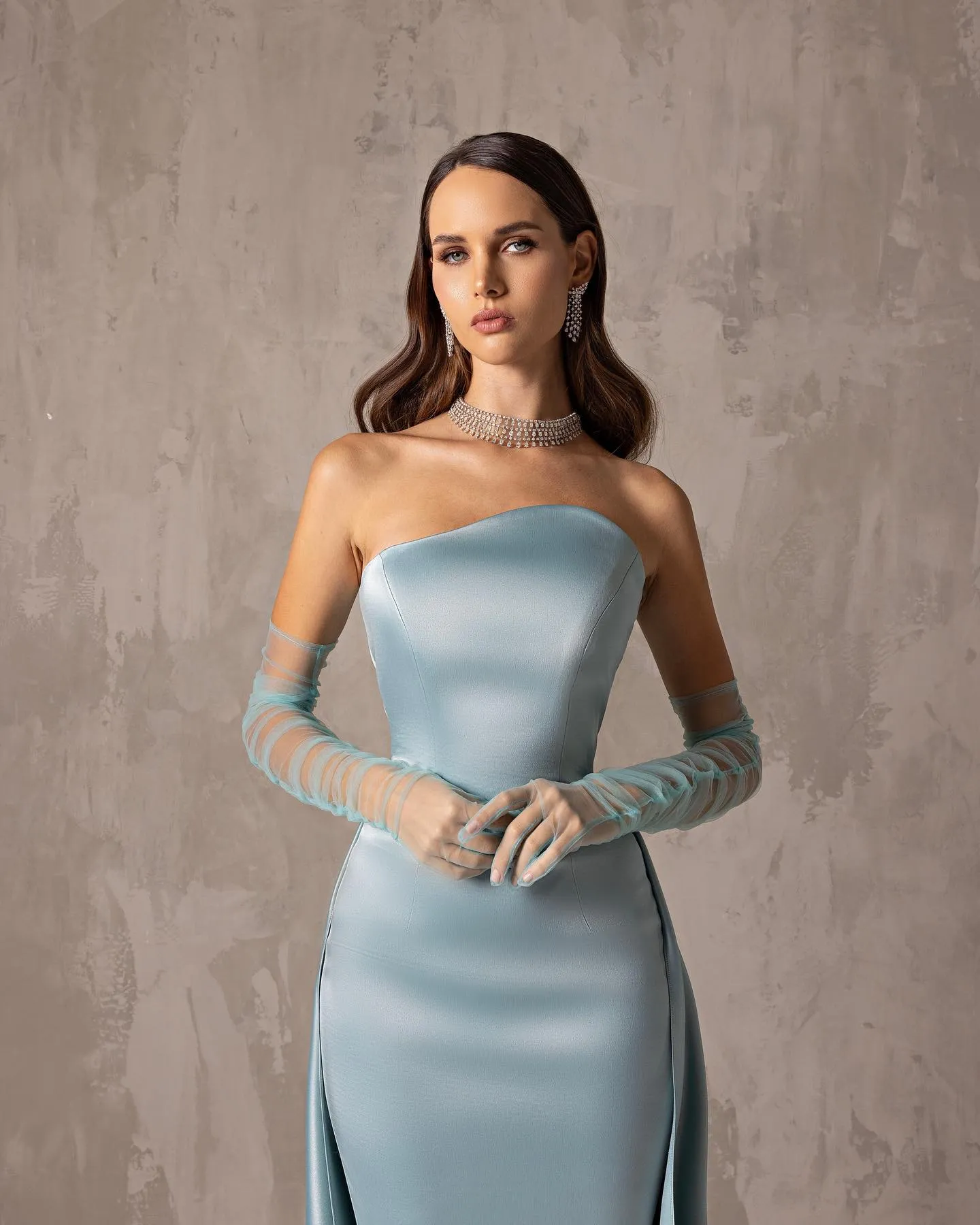 Elegant Blue Strapless Evening Dress with Overskirt SF052