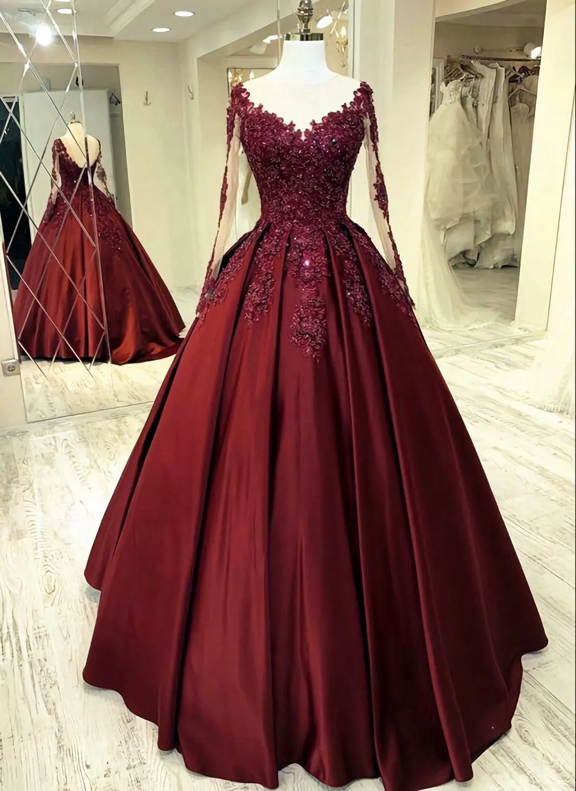 Elegant Burgundy Wedding Dress Lace Long Sleeves Ball Gown Sheer Neckline For Women Prom Dress Evening Dress