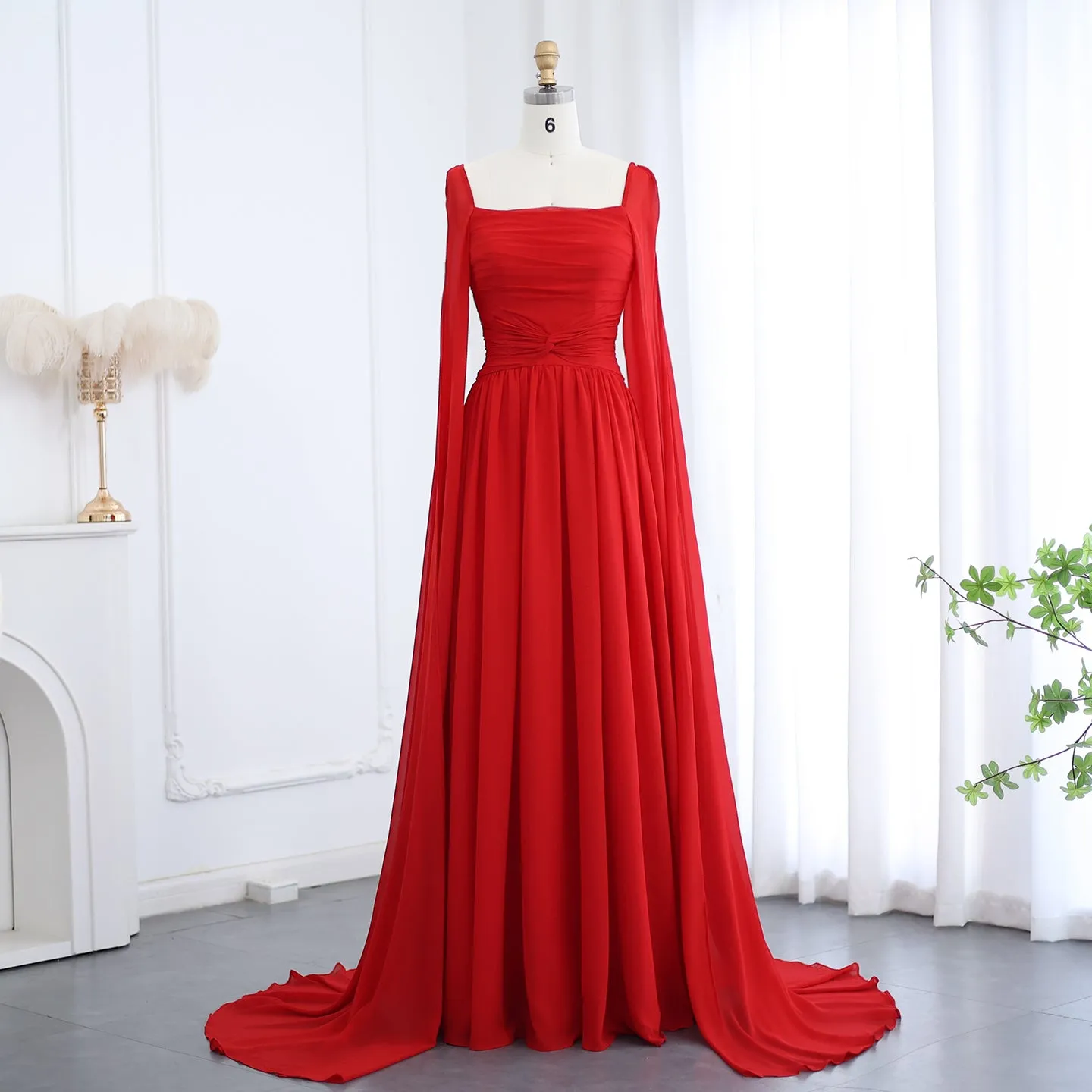 Elegant Red Chiffon Evening Dresses with Cape Sleeves SF032