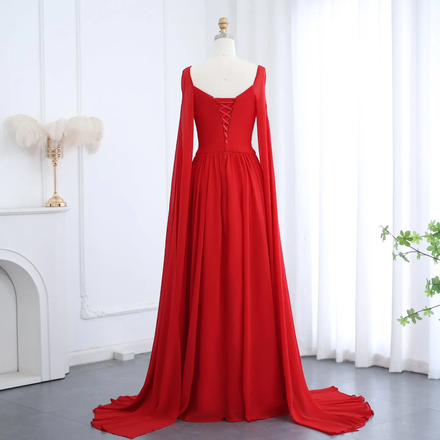 Elegant Red Chiffon Evening Dresses with Cape Sleeves SF032