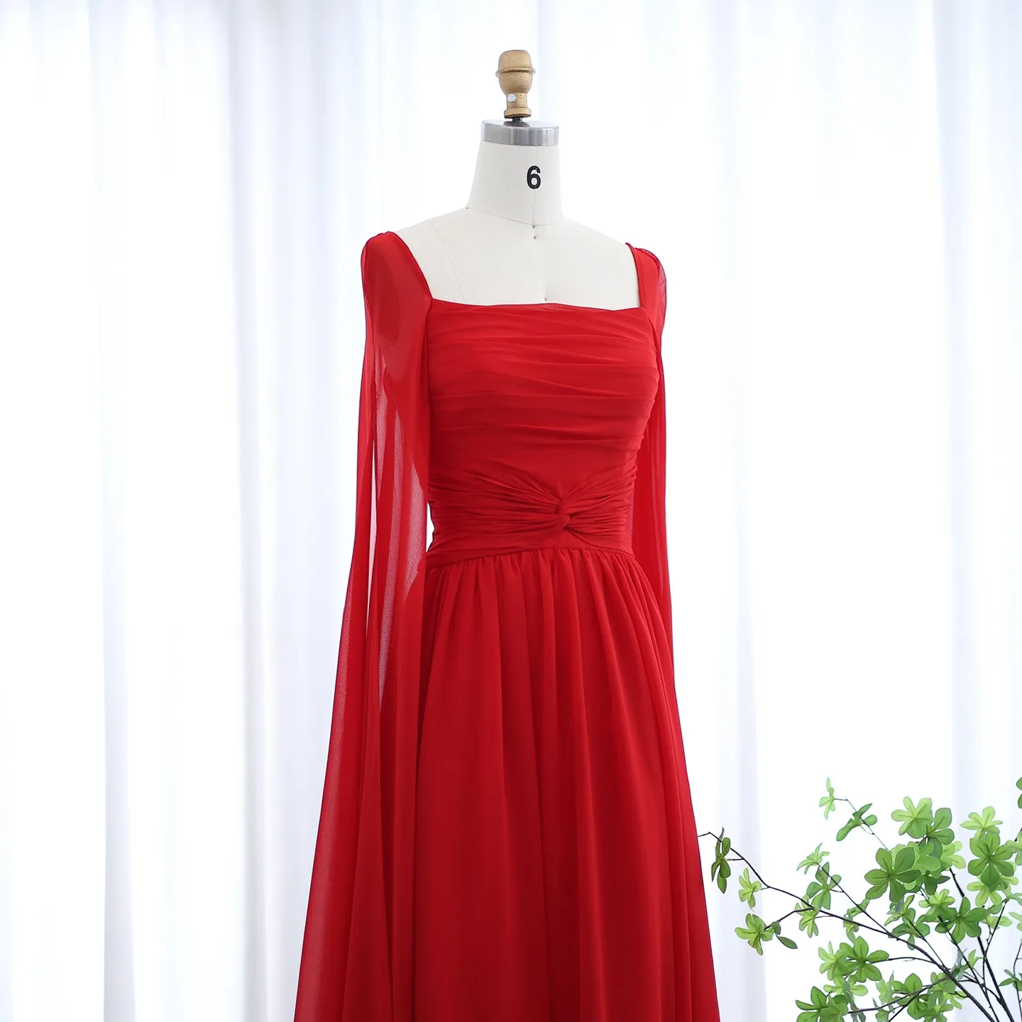 Elegant Red Chiffon Evening Dresses with Cape Sleeves SF032