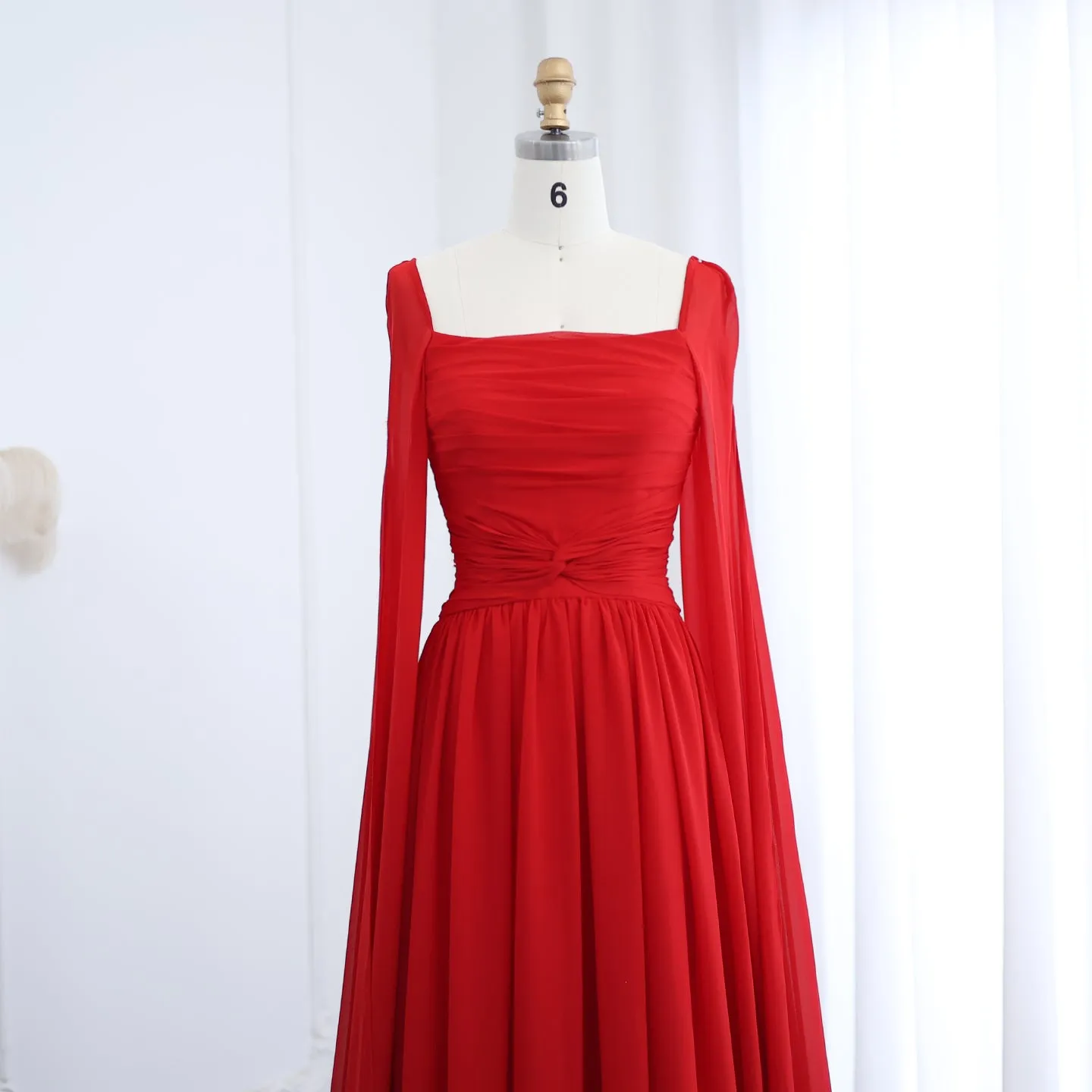 Elegant Red Chiffon Evening Dresses with Cape Sleeves SF032