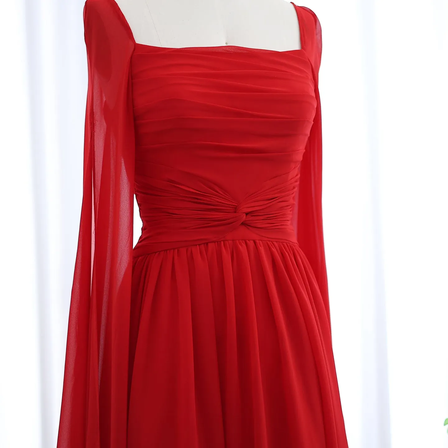 Elegant Red Chiffon Evening Dresses with Cape Sleeves SF032