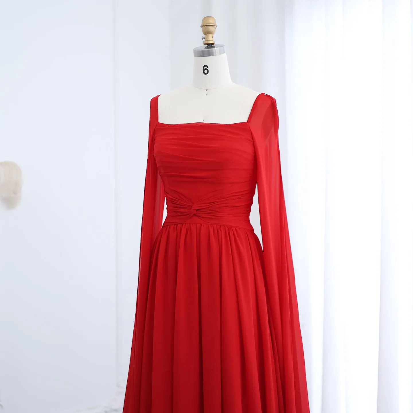 Elegant Red Chiffon Evening Dresses with Cape Sleeves SF032