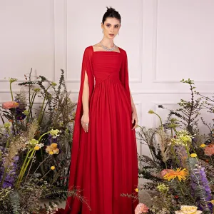 Elegant Red Chiffon Evening Dresses with Cape Sleeves SF032