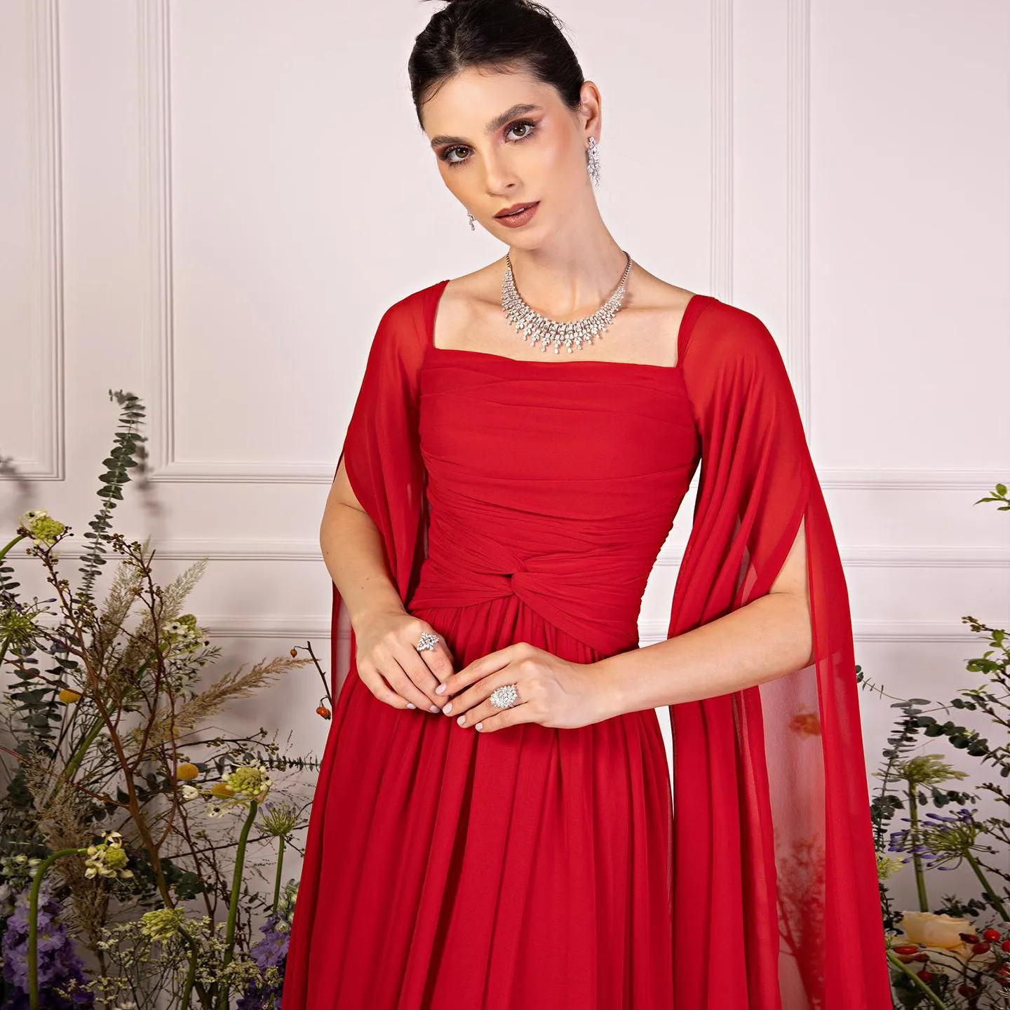 Elegant Red Chiffon Evening Dresses with Cape Sleeves SF032